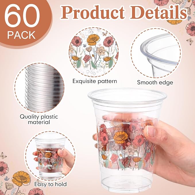 Hushee Boho Flower 60 Pcs Party Cups 16 oz Plastic Disposable Drinking Cups for Birthday Love Baby in Bloom Baby Shower Summer Fresh off The Market Bridal Shower Decorations Supplies