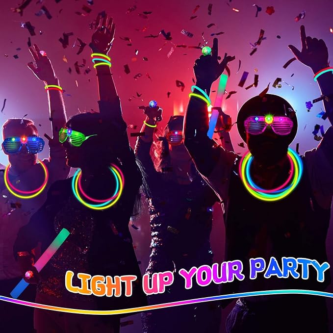 248PCS Glow in the Dark Party Supplies, Party Pack Bulk , 16PCS Foam Glow Sticks & LED Glasses, 16PCS LED Light Up Rings and 200PCS Glow Sticks for Neon Party Decorations, halloween party favors
