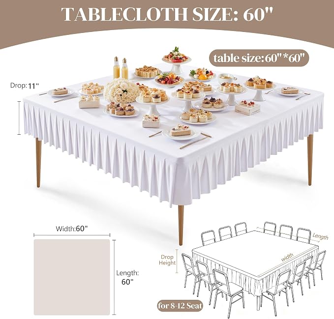 Wish Care 2 Pack White Spandex Tablecloths for 60x60 Inch Square Tables, Stretch Fitted Table Clothes with Pleated Ruffle Skirt for 60” Table, Wrinkle Free and Elastic, for Party Kitchen Home Dining