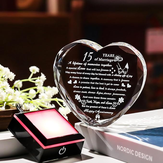 15th Wedding Anniversary Crystal Gifts for Couples with Colorful LED Base,Happy 15th Wedding Anniversary Keepsake Gifts for Her Him, Romantic 15 Years of Marriage Heart Gift for Wife Husband