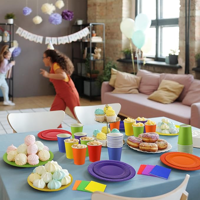 Geosar 240 Pieces Rainbow Party Tableware 60 Set Colorful Paper Plates and Napkins 9oz Paper Cups Complete Pack Disposable Dinnerware Set for Rainbow Birthday Party Decorations Supplies(Bright Color)