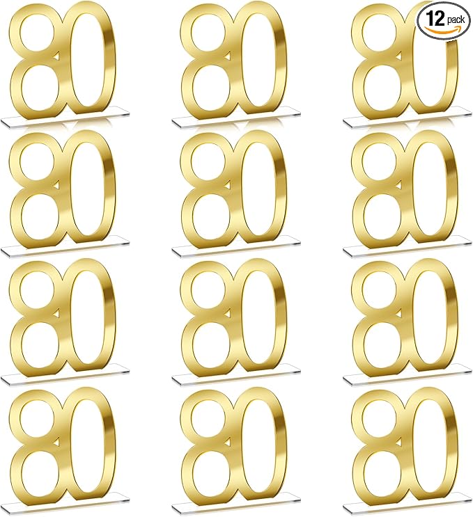 Threehoney 12 Pcs Mirror Gold 80th Birthday Decorations for Men and Women Acrylic Anniversary Decorations Table Numbers Centerpieces for Birthday Party