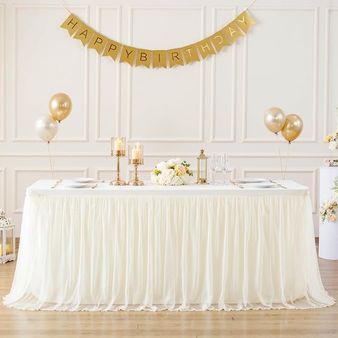 Ivory Tulle Tablecloth for 6 Foot Rectangular Tables 6ft Ivory Table Cloth Rectangle Wrinkle Free Table Cover with Tutu Skirt for Wedding Birthday Party Bridal Shower Banquet Buffet Cake Cocktail