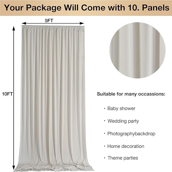50ftx10ft Wrinkle Free Beige Backdrop Curtains for Parties, Silky Polyester Photo Backdrop Drapes 10 Panels 5x10ft Back Drop Cloth for Wedding Birthday Baby Shower Photography Background