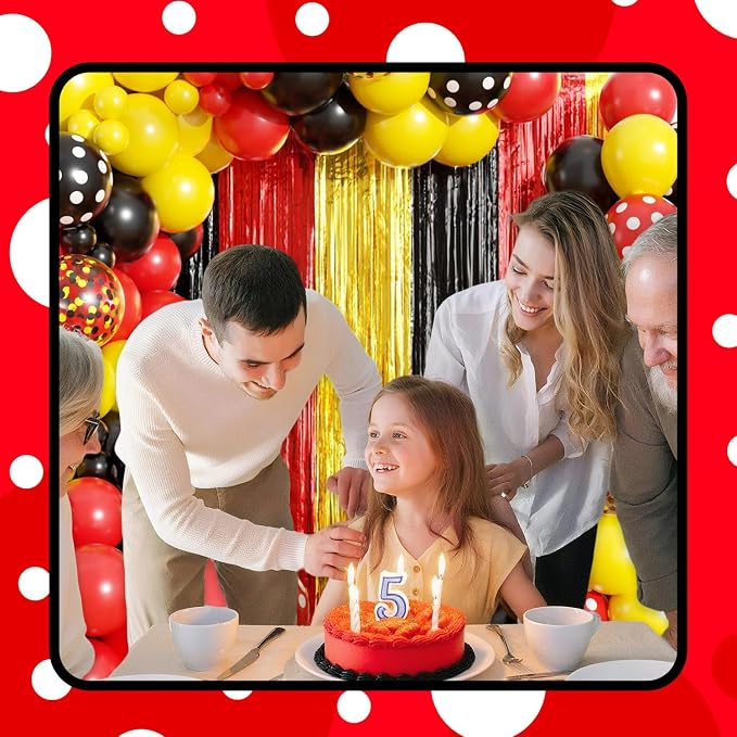 Red Yellow Black Balloon Garland Arch Kit Birthday Party Decorations, Cartoon Themed Foil Fringe Curtains Backdrop Tinsel Streamer Photo Booth Props for Christmas New Years Party Decor Supplies