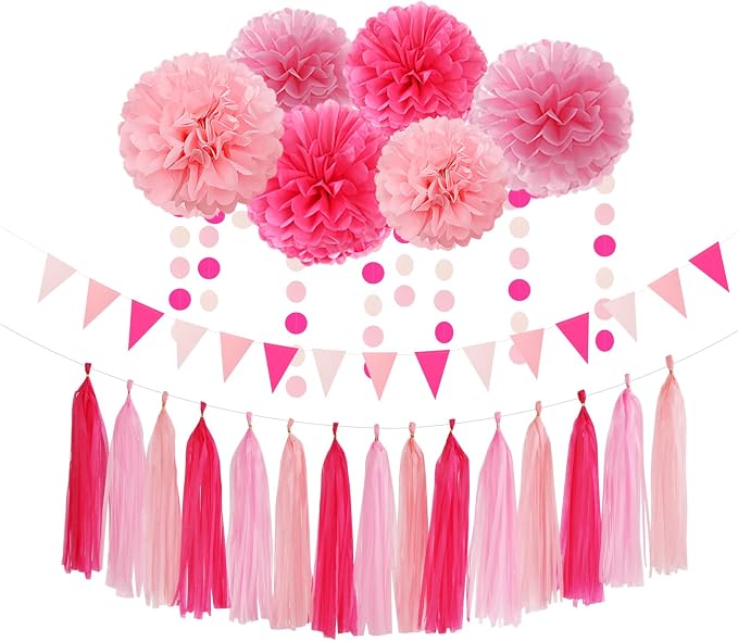 Galentines Valentines-Day Hot-Pink Party-Decorations - 23pcs Girl Birthday Baby Shower Tissue Pom Poms Streamers, Bachelorette Bridal Wedding Engagement Supplies Tassel Garland Banner Decor Ouruola
