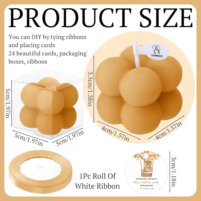 MTLEE 24 Sets Bear Baby Shower Bubble Candles Favors Small Baby Shower Favors for Guests Tea Candles Bulk with Stylish Ribbons Cards Gifts Party Decoration(Champagne, Bear)