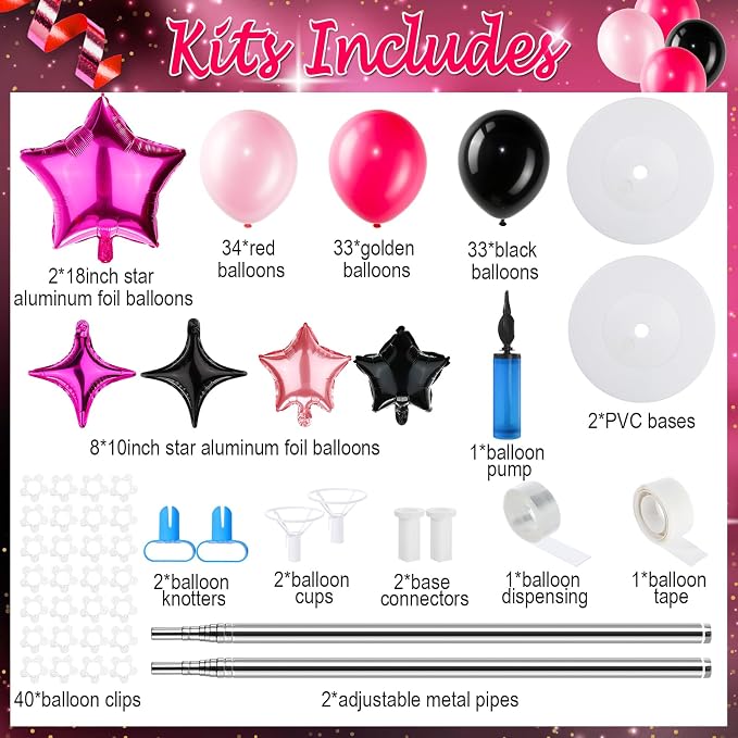 Gejoy 110 Pcs Pink Rose Red Black Balloons Column Stand Kit Adjustable Tower Stand from 1.4 to 6.6 ft with Bases for Back to School Wedding Birthday Baby Shower Party