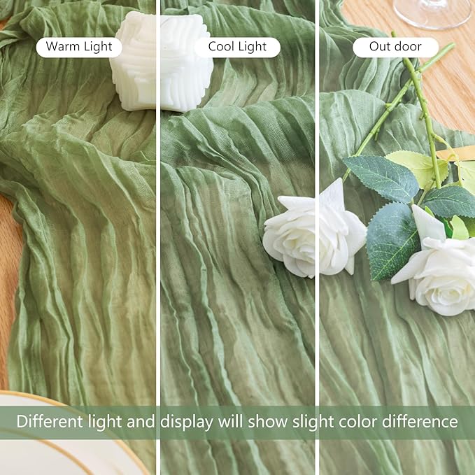 12PCS Table Runner Cheesecloth 10FT Sage Green Boho Gauze Cheese Cloth Rustic Sheer Table Runners for Wedding Bridal Baby Shower Party Decoration