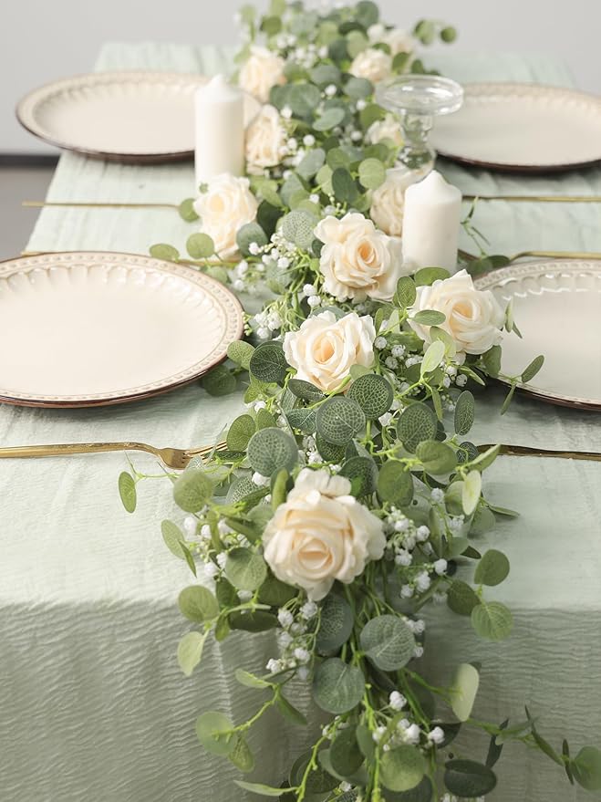 Anna's Whimsy 2PCS 5.91FT Artificial Eucalyptus Greenery with Flowers, Fake Rose Gypsophila for Wedding Spring Home Party Decor（Champagne）
