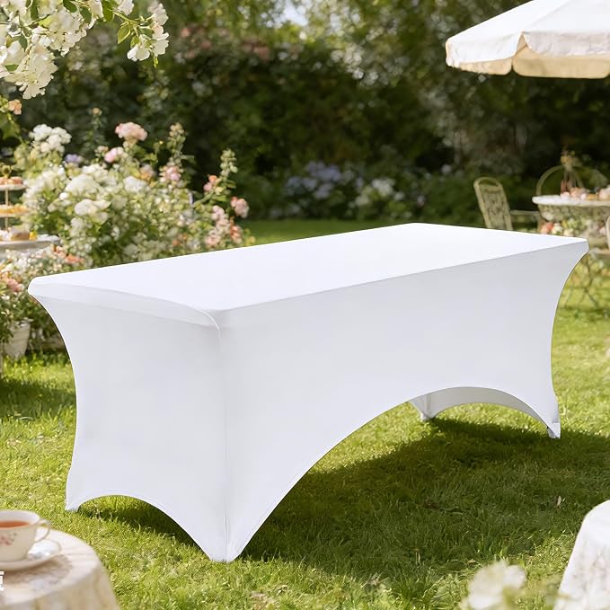 VidaFete Spandex Tablecloth 2 Pack 6FT, Fitted Stretch Table Cover for Rectangle Tables, Wrinkle Resistant and Washable Tablecloths for Outdoor, Picnic, Party, Wedding, Banquet, Birthday, White