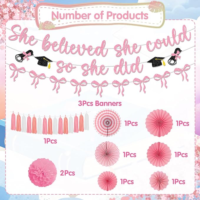 Pink Graduation Decorations 2026 - 14PCS Pink Bow Graduation Banners Pompoms Tassels Paper fans Party Decor, Bowknot Graduation Supplies for Primary Middle High School University College