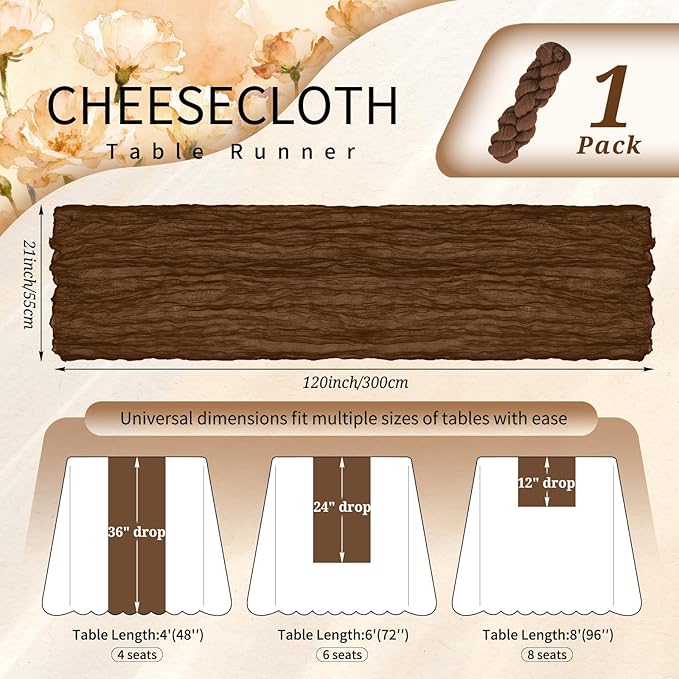 1 Pack Cheesecloth Table Runner 10FT Brown Table Runner Boho Gauze Cheese Cloth Table Runners Long Rustic Sheer Table Decorations for Wedding Party Baby Bridal Shower Birthday Holiday Home