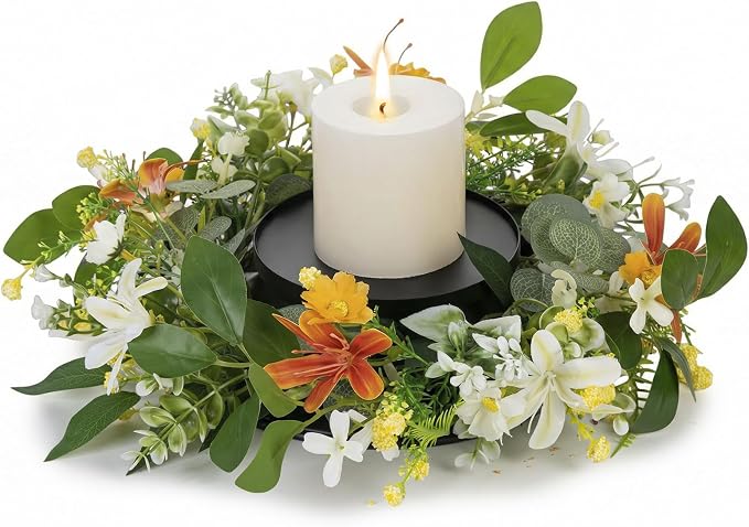 MOYEE Summer Centerpieces for Tables Candle Ring, Black Metal Candlestick with an Artificial Wreaths 14 in Versatile Dining Table Centerpiece Decor (an Orange and White Wreath)