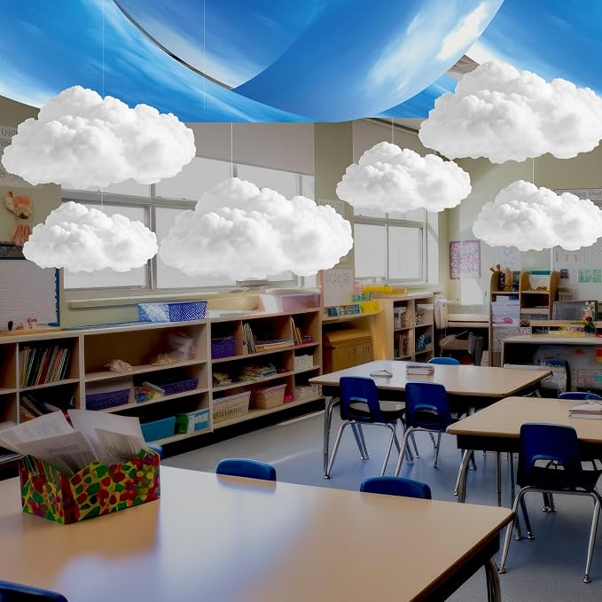 VioraWhite 13 Pcs Blue Sky White Cloud Ceiling Decor Include 12 x 2 ft Fluorescent Light Covers 8 Packs Imitation Artificial 3D Cloud Props Classroom DIY Hanging Ornament Picnic Party Decorations