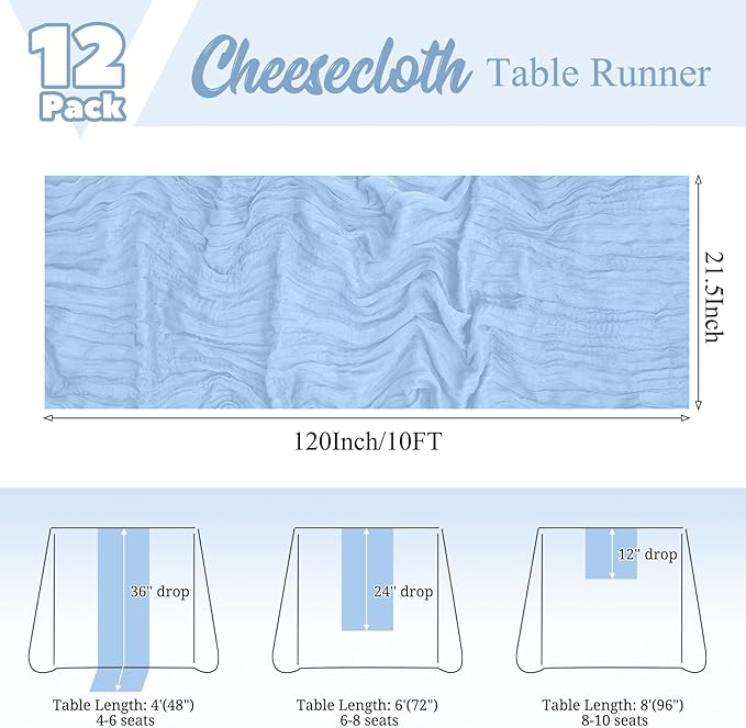 12 Pack Light Blue Table Runner 10Ft Cheesecloth Table Runner Rustic Gauze Table Runners Romantic Long Sheer Fabric Cheese Cloth Table Runners for Wedding Party Bridal Baby Shower