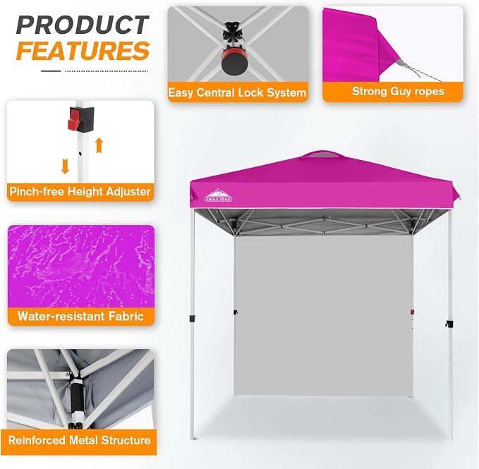 EAGLE PEAK Commercial Canopy 6.6x6.6 Pop Up Canopy Tent with 1 Sidewall, Easy Setup Heavy Duty Instant Event Shelter for Vendors & Markets, Outdoor Sun Shade, Pink