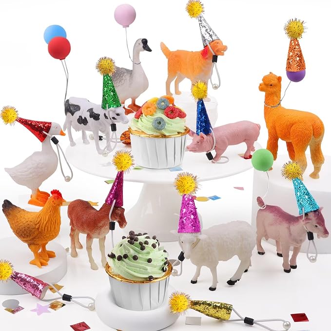 26 PCS Jungle Animal Birthday Party Decorations with Farm Animal Figurines, Mini Hats & Balloons, Cake Toppers for Birthday Party, Wild Animals Party Supplies(Farm Animal)