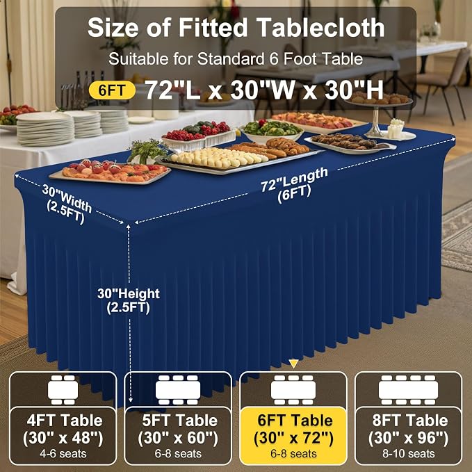 Smiry Spandex Tablecloth, Elastic Fitted Stretch Tablecloth for 6FT Rectangle Tables, Waterproof Washable Table Cover Skirt for Outdoor, Wedding, Banquet & Parties (Navy, 72Lx30Wx30H Inch)