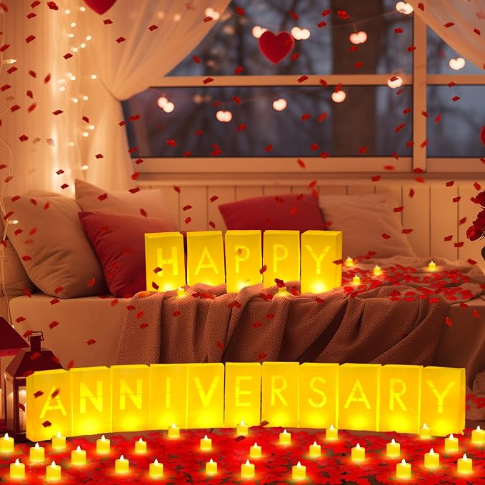 Aurelema 6088 Pcs Happy Anniversary Light up Letters with LED Flameless Tealight Candle Red Rose Petal Letter Luminary Paper Bag for Valentine's Day Decorations Proposal Romantic Special Night Decor