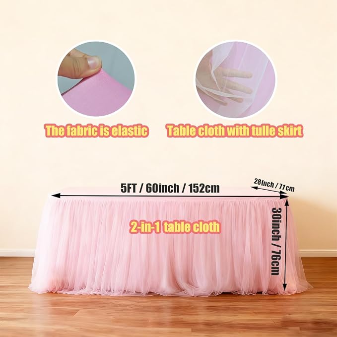 2-Pack Pink 2-in-1 Tulle Tablecloth for 5-Foot Rectangular Table – Stretch Fitted Table Skirt & Cover for Baby Shower, Bridal, Birthday, Princess Party