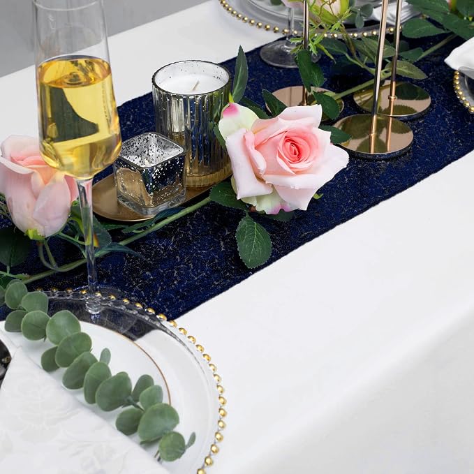 12 Pack Navy Blue Sequin Table Runner 12 x 72 Inch - High Density Sparkly Glitter Table Runners for Wedding Reception, Graduation Party, Baby Shower, Shimmering Navy Blue Decor