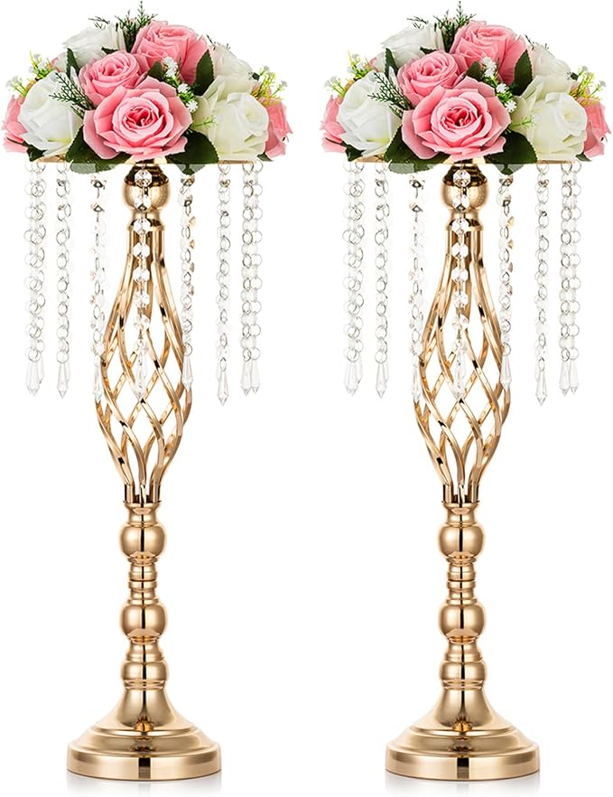Nuptio 2 Pcs Crystal Flower Stand Wedding Centerpieces for Tables, 21.7in/55cm Tall Elegant Metal Flower Arrangement Stand, Tabletop Metal Flower Vase for Wedding Party Dinner Event Hotel Home Decor