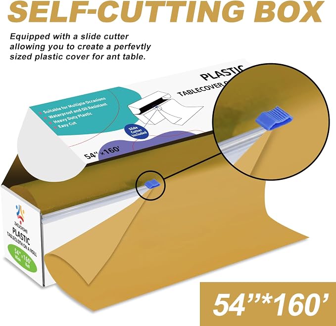 54IN X 160FT Plastic Table Cover Roll with Cutter Box, Cut to Size Plastic Table Cloths for Parties, Birthday, Disposable Tablecloth Roll for All Shape Tables (Gold, 54 Inch X 160 Feet)