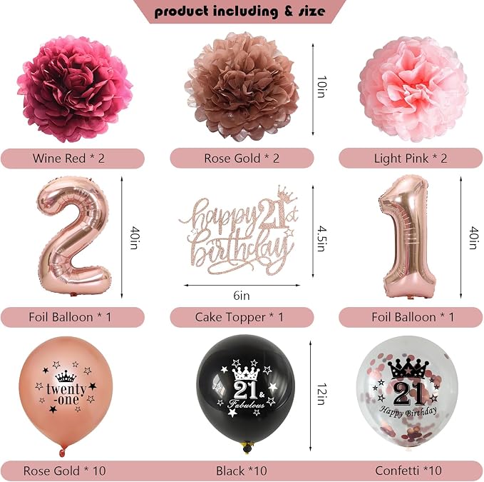Happy 21st Birthday Decorations for Her, Black Rose Gold 21 Years Old Decor for Women Include Sash and Crown, 30pcs Balloons Banner 40" Number Balloons, Backdrop Cake Topper & Paper Pom Poms