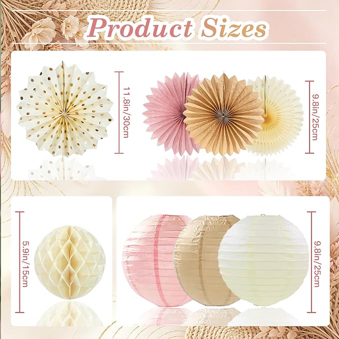 Boho Paper Party Decorations, Blush Pink and Champagne Gold Elegant Party Decor Kit with Paper Lanterns, Pom Poms, Fans and Gold Star Garland for Bridal Shower Birthday Baby Shower Wedding Party