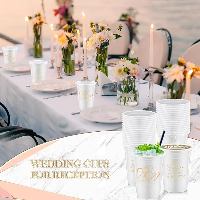 Layhit 100 Pcs Wedding Disposable Thick Plastic Cups, 16 oz White Cups with 2 Elegant Love Designs, Decorations for Wedding Reception Guests, Bridal Shower, Engagement, Bachelorette Party Supplies