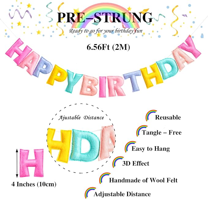 Pre-Strung Happy Birthday Banner - Felt Ball Garland, Rainbow Party Decorations, HAPPY BIRTHDAY Garland, Personalized Birthday Sign for Birthday Decor, Party Decor, Photo Prop (Pastel Happy Birthday Banner)