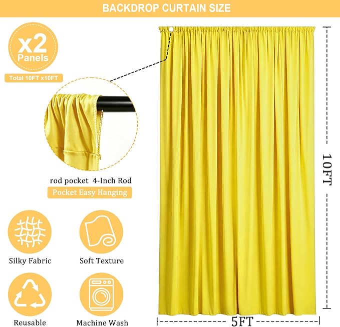 Gallety Yellow Backdrop Curtain for Wedding, Photo Backdrop Curtain for Bridal Shower Decorations - 10FT x 10FT Stage Curtains for Graduation Dances,Birthday,Summer Themed Parties,Photography