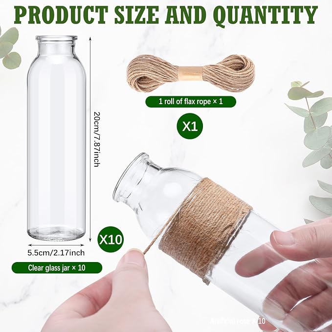 Qinyoung 10 Set Clear Glass Vase with Flowers Centerpieces 10 Clear Glass Jars 40 Artificial Plant with Rope Table Centerpieces for Wedding Rustic Baby Shower Party Farmhouse Home Decoration