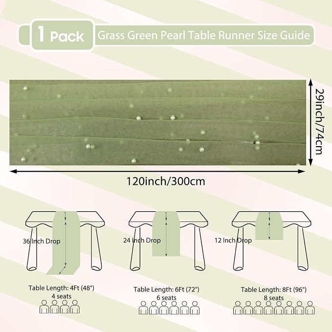 Set of 1 Pearl Table Runner 10ft, 29 * 120 Inch Grass Green Table Cloth Pearl Sheer Tulle Table Cover,Pearl Table Runner for Wedding Party Baby Shower Birthday Home Decor