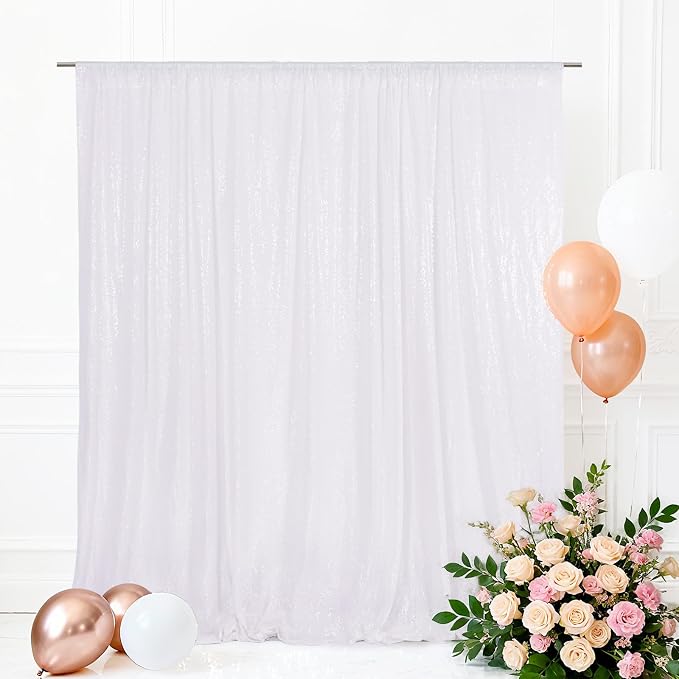 Eternal Beauty White Sequin Backdrop, 8x8 Ft Glitter Background Curtains for Christmas Shimmer Photography Party Wedding Birthday Back Drop Decor