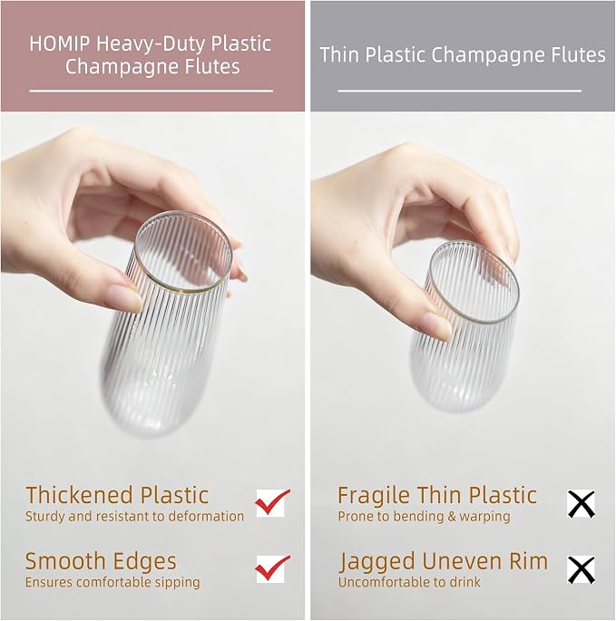 HOMIP 36pcs Plastic Champagne Flutes with Gold Rim - 9oz BPA-free Disposable Champagne Glasses, Ribbed Ripple Design for Weddings, Parties, Bars & Events (Stemless, Durable)