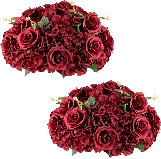 Red Roses Flowers Balls for Centerpieces: 2 PCS 14.2" Diam Flower Centerpieces for Tables in Wedding Reception Decorations Arrangement for Party Celebration Planners