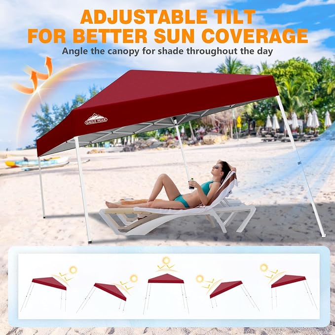 EAGLE PEAK 10x10 Slant Leg Pop-up Canopy Tent Easy One Person Setup Instant Outdoor Beach Canopy Folding Portable Sports Shelter 10x10 Base 8x8 Top (Burgundy)