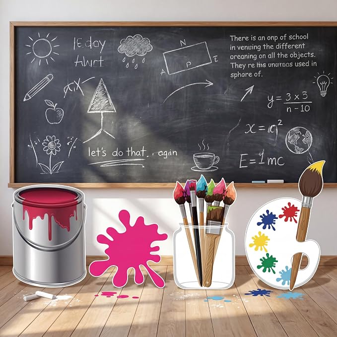4 Pcs Large Paint Party Decorations - Colorful Art Cardboard Cutouts for Back to School Art Classroom Decor, Paint Can Palette Brush Cutouts for Birthday Baby Shower Craft Photo Props