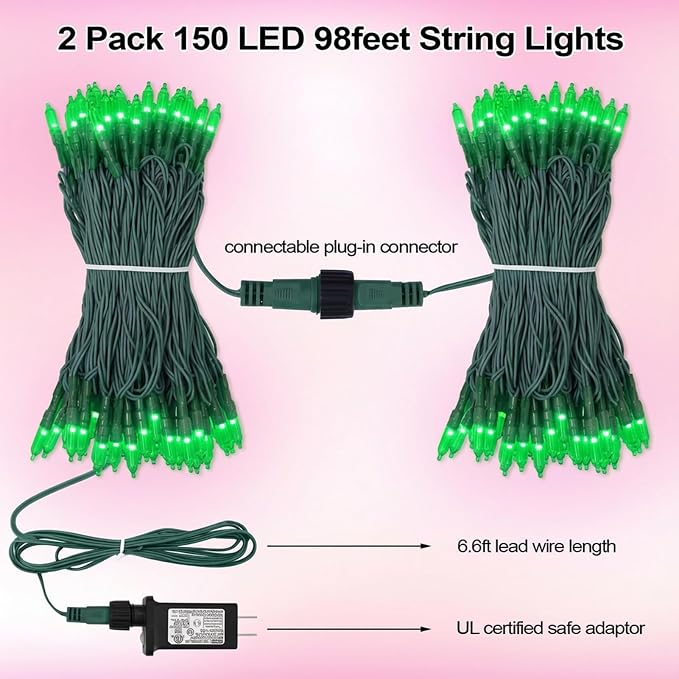 Christmas Lights - 98ft 2 Pack 150 Count Connectable Waterproof Led Fairy Lights Bulbs for Indoor Outdoor Christmas Tree Wedding Valentine's Day Decor (Green, 150 Count - 2 Pack)