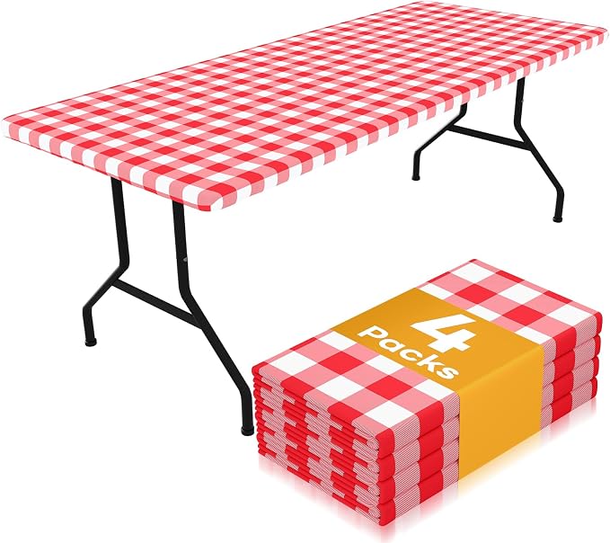 Smiry Picnic Table Cloth 4 Pack, Waterproof Elastic Fitted Tablecloths for 4FT Rectangle Tables, Washable Polyester Buffalo Plaid Tablecloth for Camping, Dining & Outdoor (Red & White, 30" x 48")