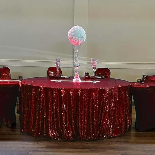 Red Sequin Tablecloth for Parties 132 Inch - Sparkle Glitter Cloth Round Table Cover Overlay for Wedding Baby Shower Ceremony Birthday Cake Table Holiday Banquet Decoration