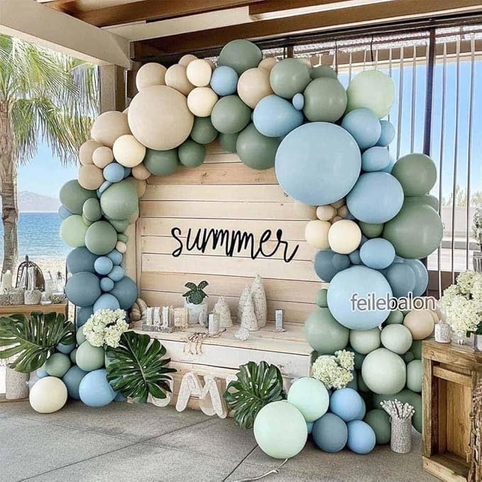 Dusty Blue Green Balloon Arch Kit Double Stuffed Pastel Light Sage Green Blue White Sand Beige Balloon Garland for Birthday Baby Shower Dinosaur Wedding Easter Jungle Wild One Party Decoration