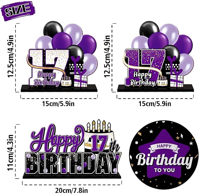 LINGTEER Happy 17th Birthday Purple Acrylic Table Topper Centerpieces Set - Cheers to Seventeen Years Old Birthday 17th Bday Party Gift Decorations.