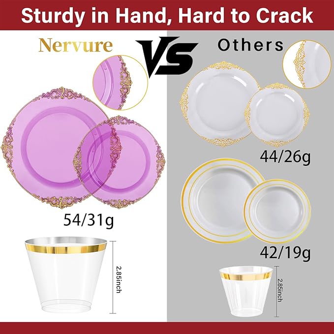 Nervure 350PCS Purple Plastic Plates - Disposable Purple Gold Party Plates & Pre Rolled Napkins with Cutlery for 50 Guests, 100Plates, 150 Silverware, 50 Cups, 50 Napkin for Wedding & Party & Bridal