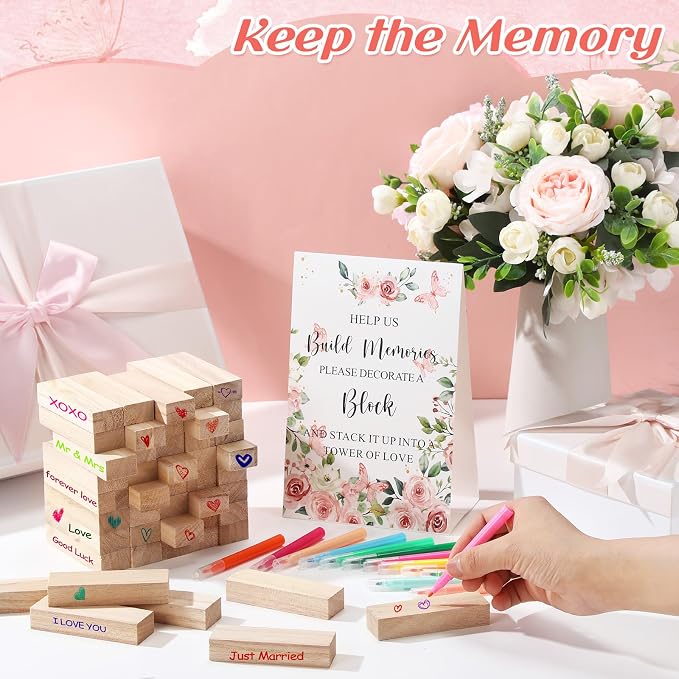 Nuanchu 125 Pcs Wedding Guest Book Alternative 100 Wooden Block Guest Book 24 Signing Pens Wedding Game Sign Wedding Decorations for Reception Bridal Shower Guest Book for Sign in (Flower)