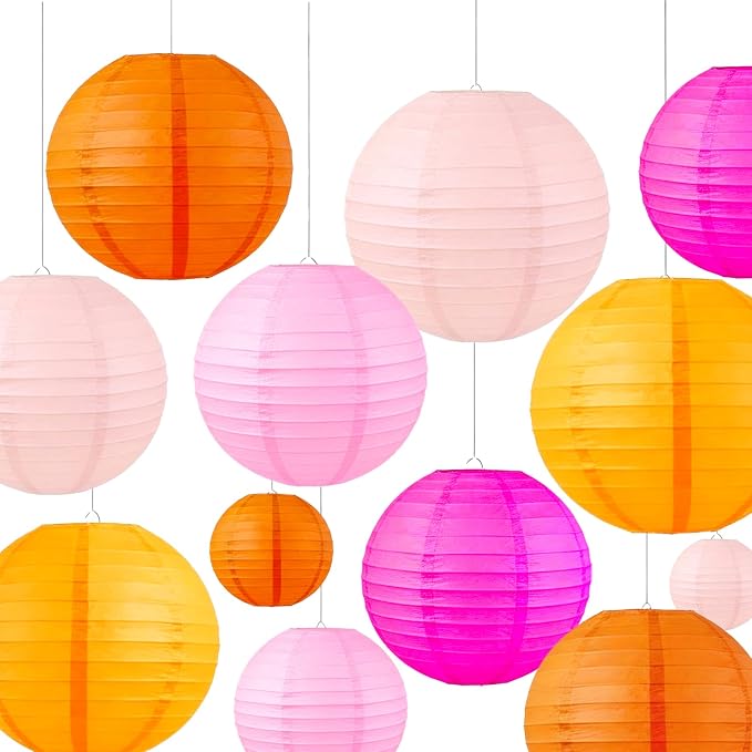 Vivid Color Paper Lanterns Set (12 Pcs) - 6/8/10 Inch Pink Orange Gradient Hanging Lanterns for Handmade, Party, Birthday,Bridal & Weeding,Baby Shower,Home Decor