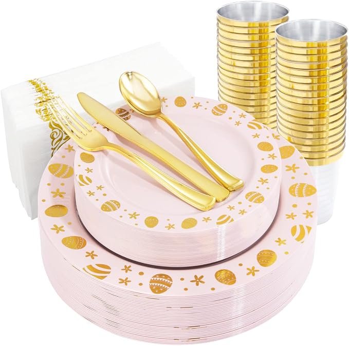 U-QE 25 Guests Plastic Easter Plates and Napkins - Pink and Gold Easter Party Supplies Include 25 Guests Dinner and Dessert Plates, 25Forks, 25Knives, 25Spoons, 25Cups, 25Napkins-Features of Gold Egg