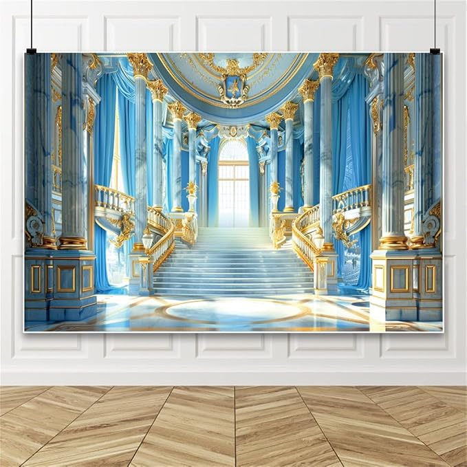 Laeacco 6x4ft Blue Gold Palace Interior Backdrop Sky Blue and Golden Staircase Columns Luxurious Castle Hall Photography Background for Birthday Wedding Bridal Baby Shower Party Photo Booth Props